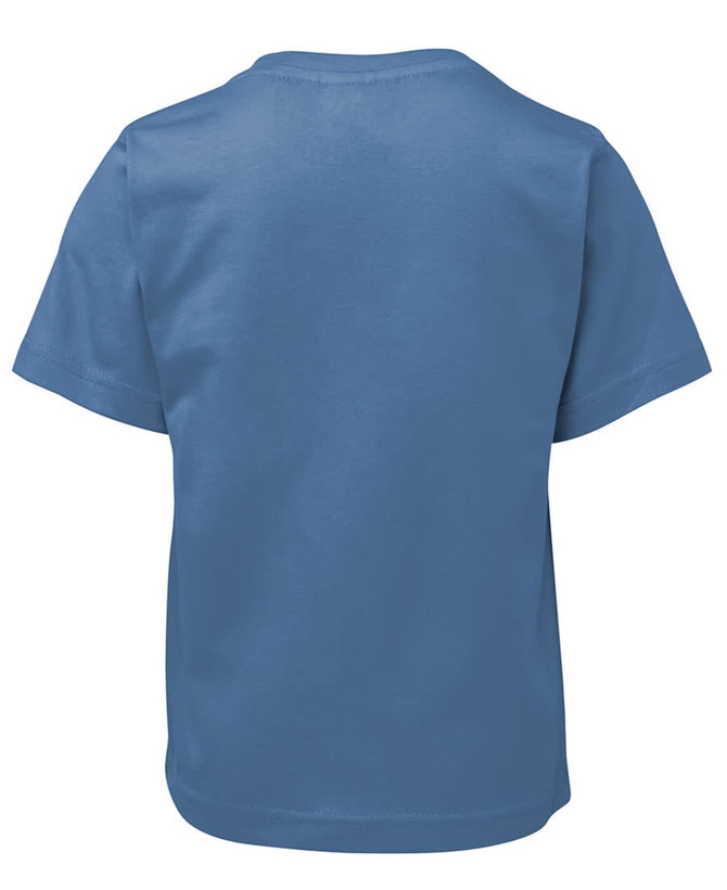 A blue children's t-shirt with a back view, featuring a simple design and short sleeves. It has a logo.