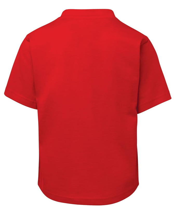 A vibrant red children's T-shirt with short sleeves, featuring a plain back design.