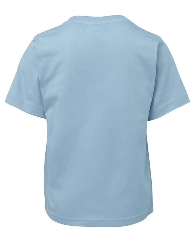 A light blue kids' t-shirt featuring short sleeves and a simple design, with a logo on the back.