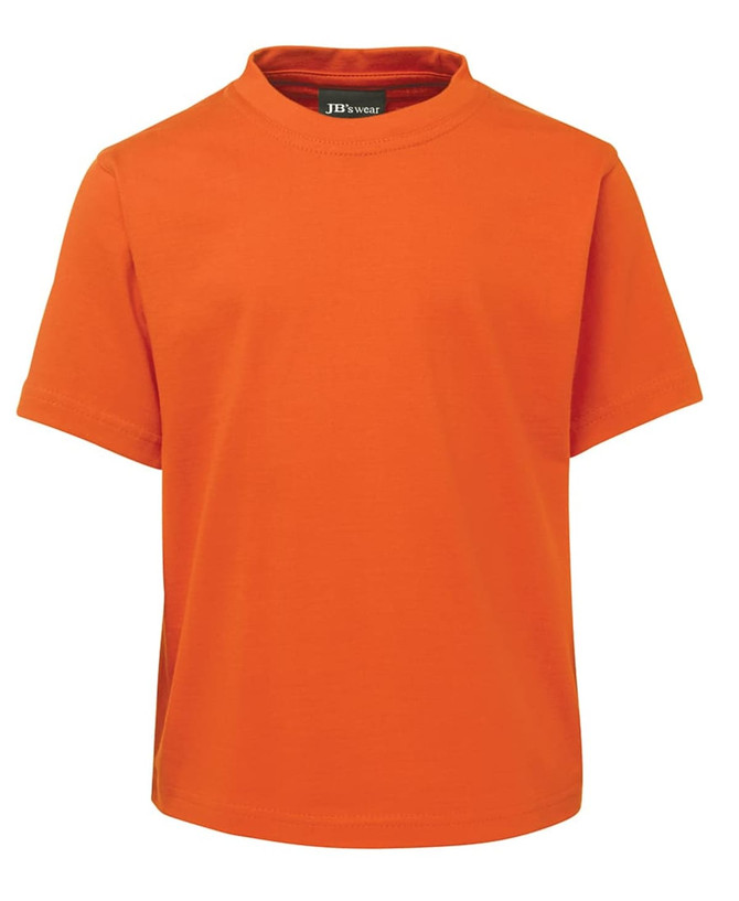 An orange kids' t-shirt with a round neckline and short sleeves, featuring a logo.