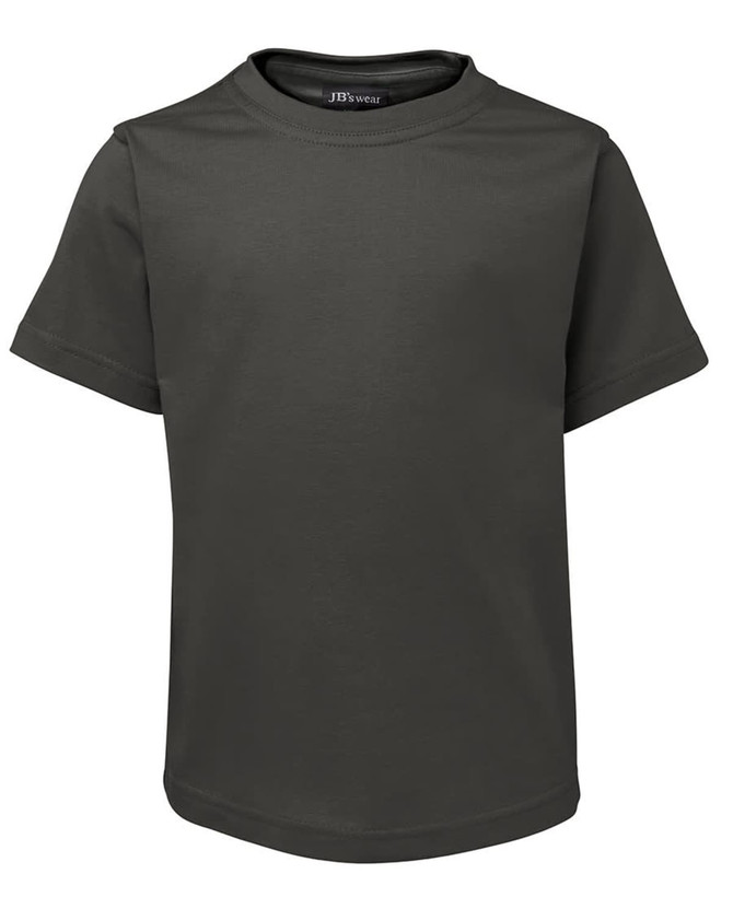 A dark green short-sleeve kids' t-shirt with a round neckline and a logo at the neck.