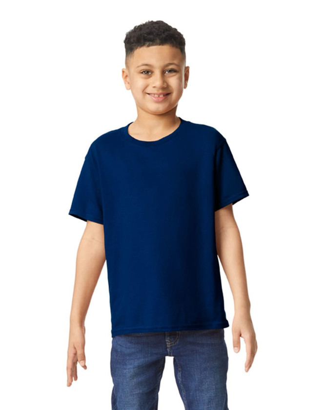 A navy blue youth t-shirt in a relaxed fit, displayed on a young model with a simple crew neck design.