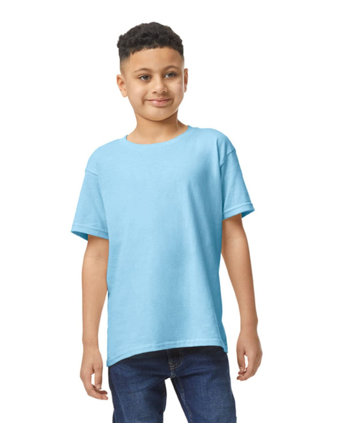 A light blue Gildan Heavy Cotton Youth T-Shirt displayed on a young model, featuring a crew neck and short sleeves.