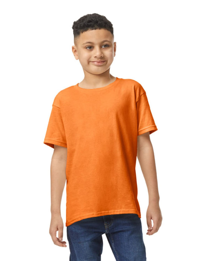 An orange youth t-shirt is displayed, featuring a standard fit and a logo on the front.