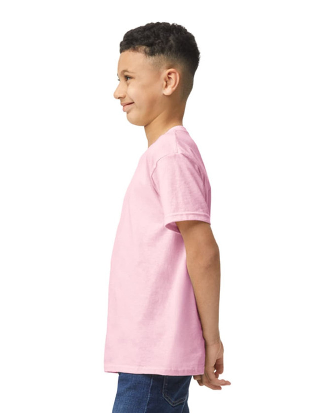 A youth t-shirt in a vibrant pink colour, shown from the side with a logo present.