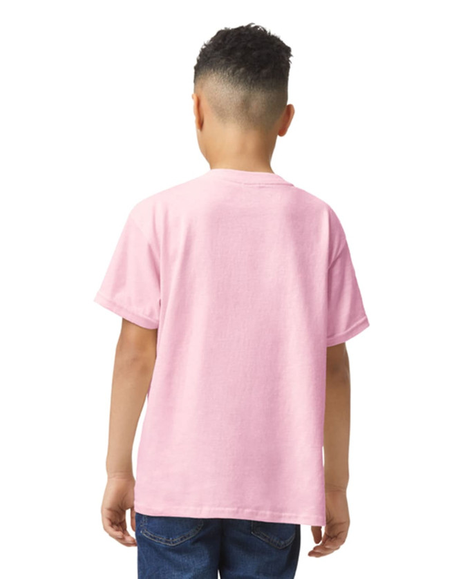A pink youth t-shirt with short sleeves, viewed from the back, features a logo on the back.