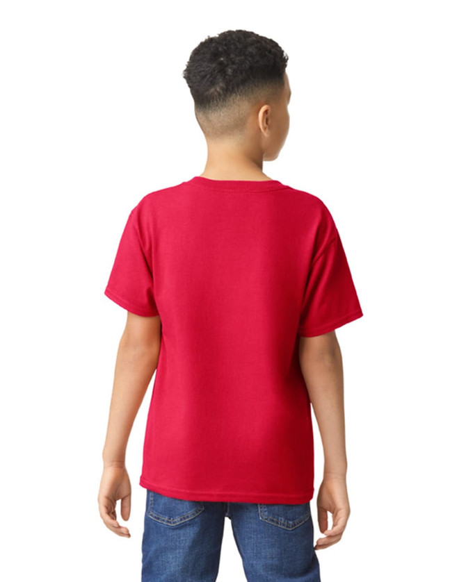 A red youth T-shirt with short sleeves, viewed from the back. It features a plain design and has a logo.