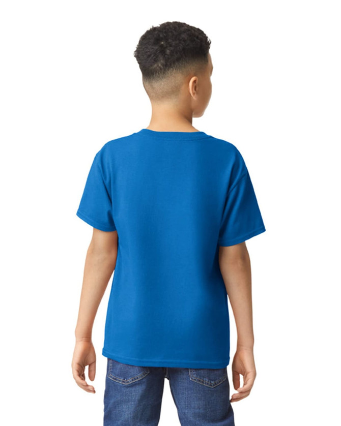 A blue Gildan Heavy Cotton Youth T-Shirt displayed from the back, worn by a young boy.