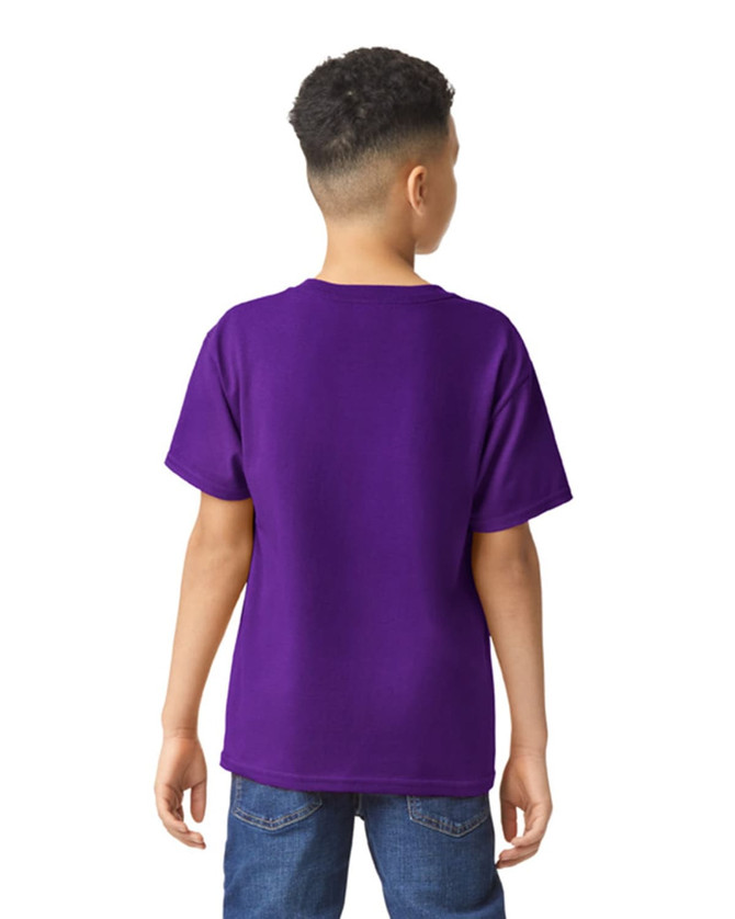 A purple youth t-shirt with short sleeves, displayed from the back, featuring a logo.