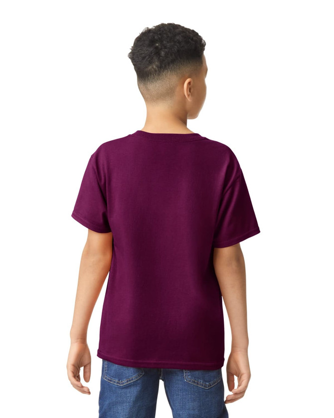 A youth t-shirt in deep purple, featuring a back view. It has a logo on the fabric.
