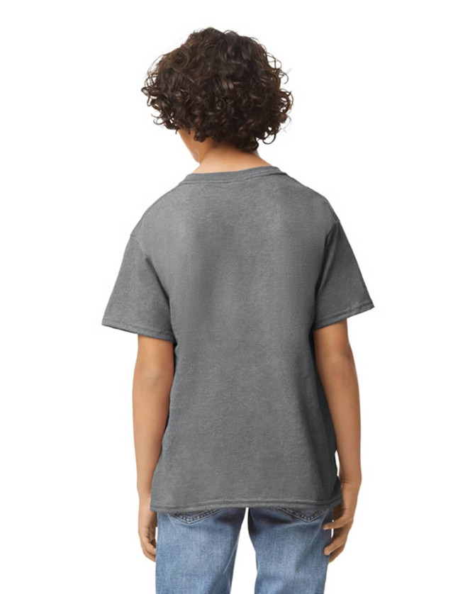 A youth t-shirt in dark grey, featuring a simple design and a logo on the back.