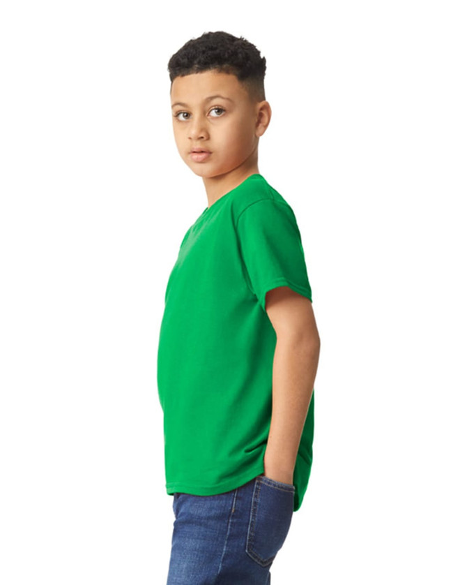 A green youth t-shirt displayed on a child, featuring short sleeves and a relaxed fit. The shirt has a branding logo.