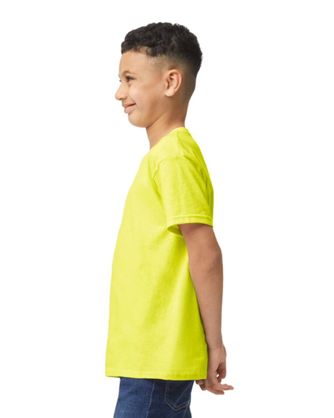 A youth t-shirt in bright yellow, featuring a classic crew neck and short sleeves, displayed on a child.