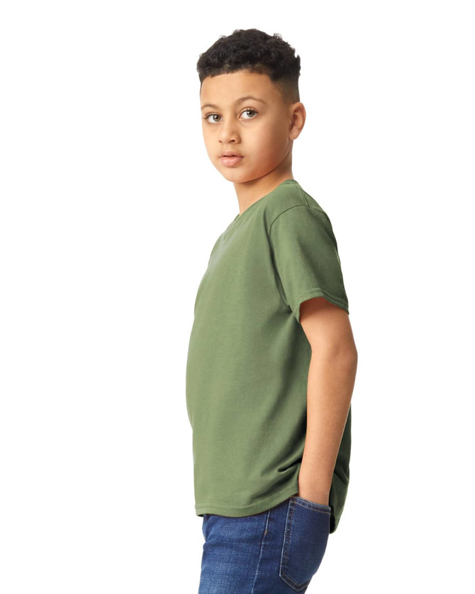 A youth t-shirt in olive green, featuring short sleeves and a classic crew neck design. It has a logo on it.