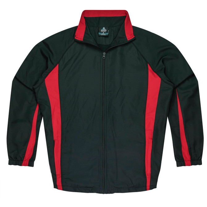 A black track jacket with red side stripes and a zip front, featuring a logo on the chest.