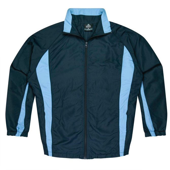 A dark green tracktop with light blue stripes and a zip front, featuring a collar and a logo.