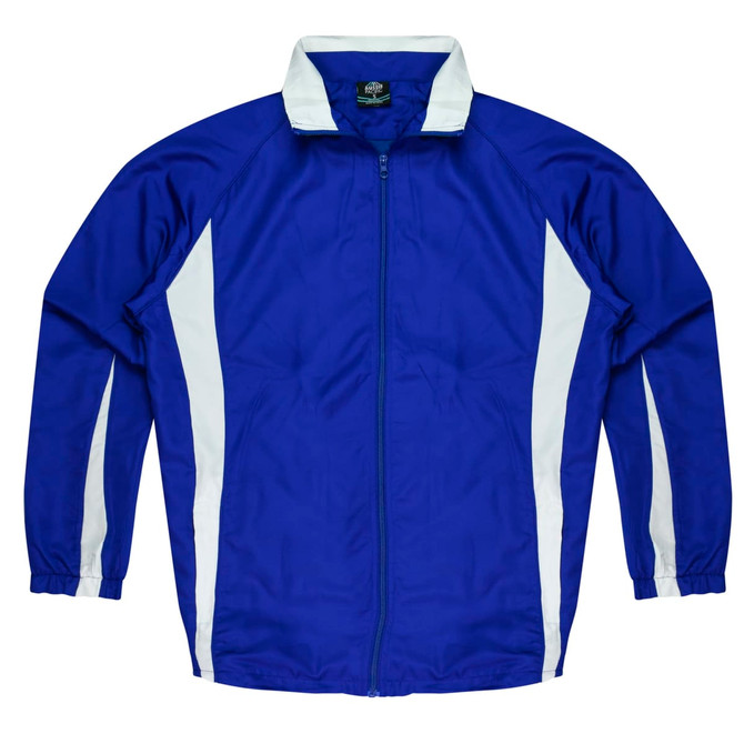 A blue track jacket with white side panels and a collar. It features a front zip and long sleeves.