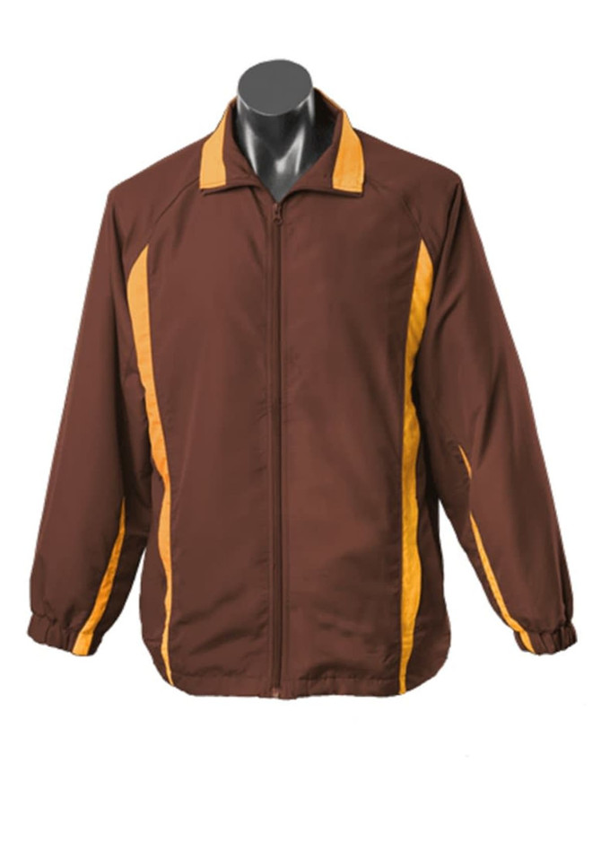 A brown zip-up tracktop with yellow stripes on the shoulders and sides, featuring a logo on the chest.