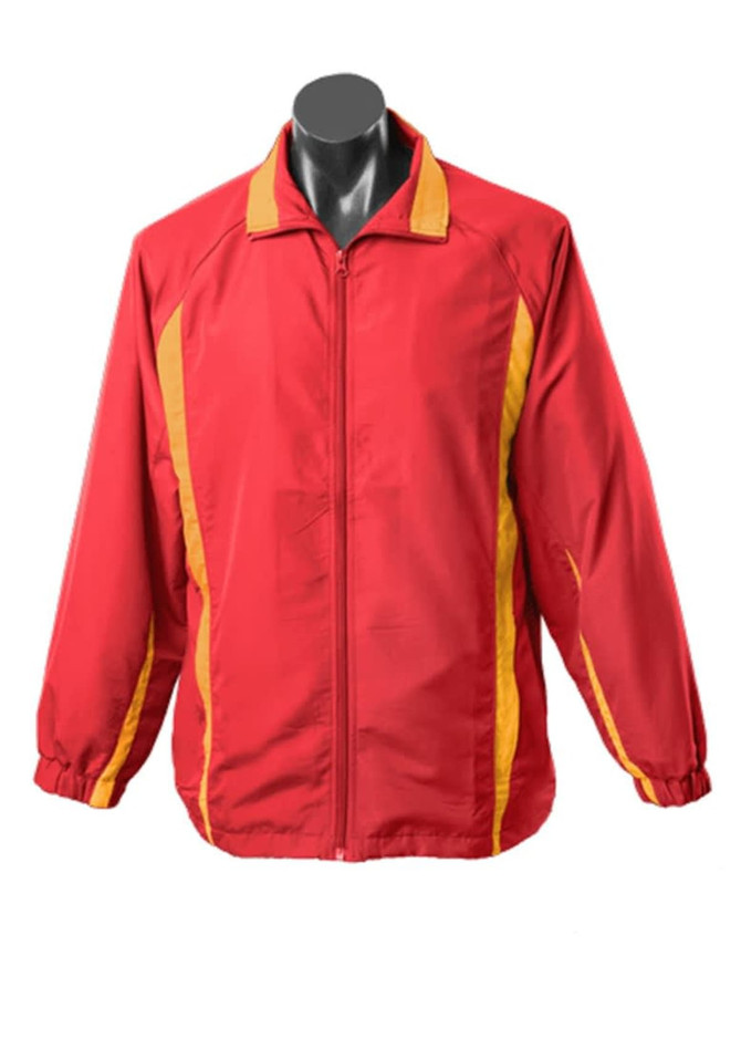 A red and yellow tracktop with long sleeves and a zip front, featuring elasticised cuffs and a collar.