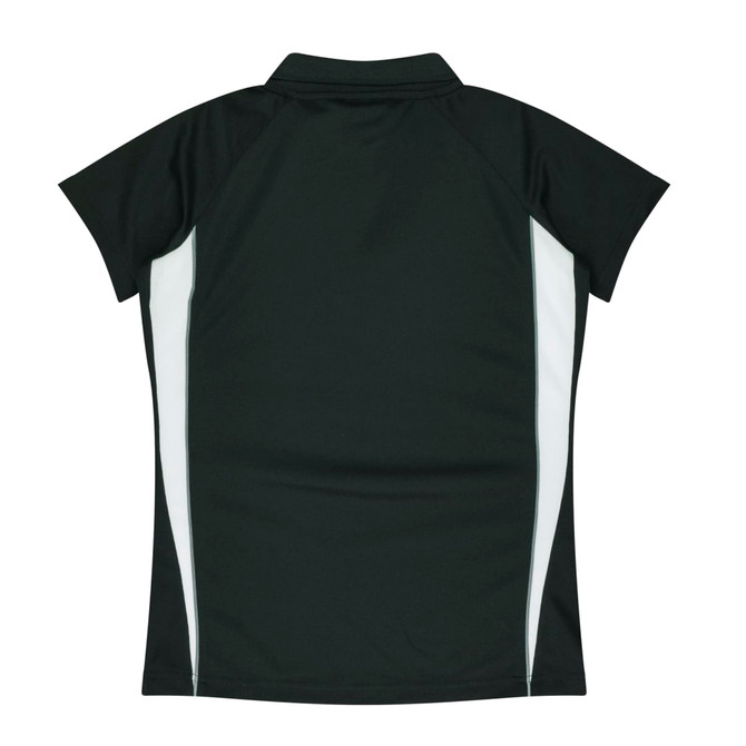 A black polo shirt with white side panels and a collar, featuring a logo on the back.