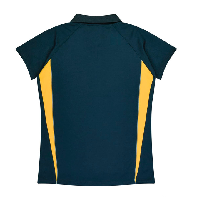 A dark green polo shirt with yellow side panels and a collar, featuring a logo on the back.