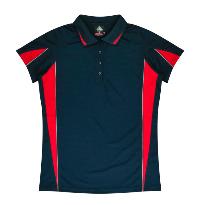 A navy and red polo shirt featuring a collar and short sleeves, with a logo on the chest.