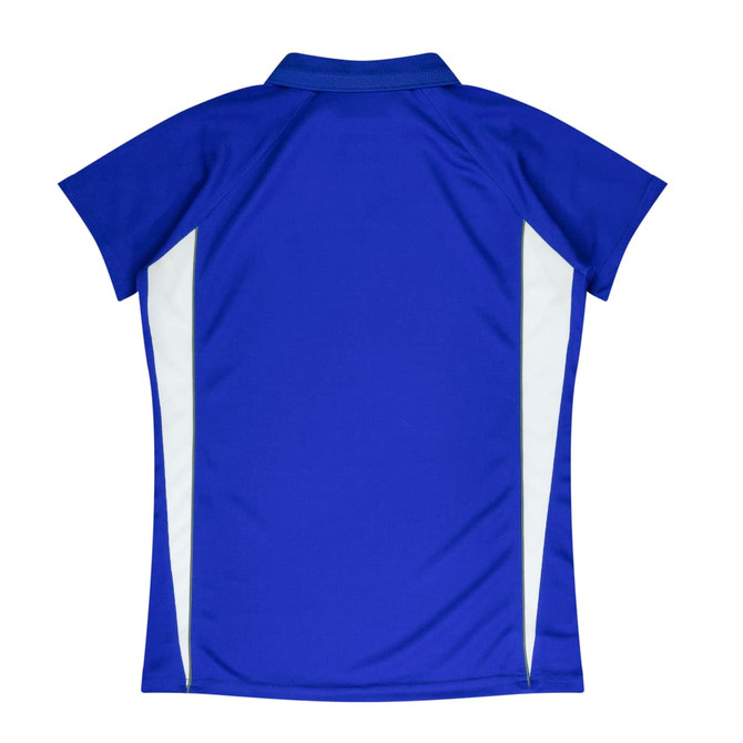 A blue polo shirt with white side panels and a collar, featuring a logo on the front.
