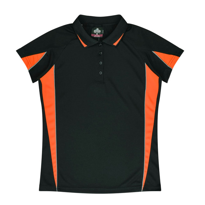 A black polo shirt with orange accents and a collar, featuring a logo.