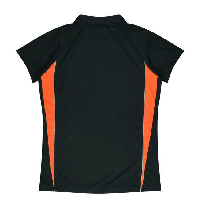 A black polo shirt featuring orange side panels and a collar, with a logo on the back.