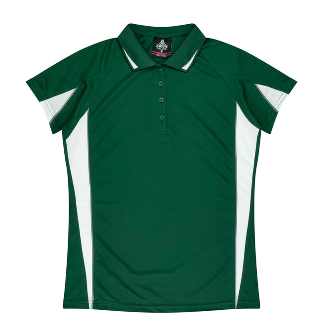 A green polo shirt with white side panels and a collar, featuring a branding logo.