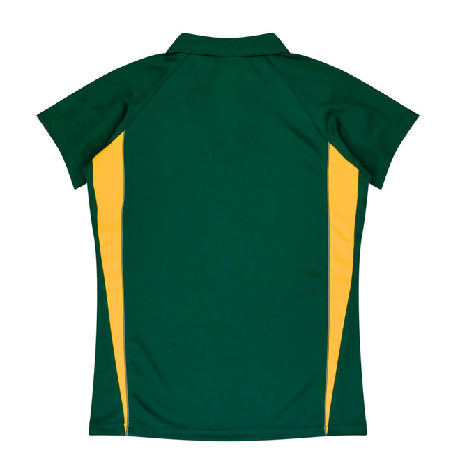 A green polo shirt featuring yellow side panels and a collar. Includes a branded logo.