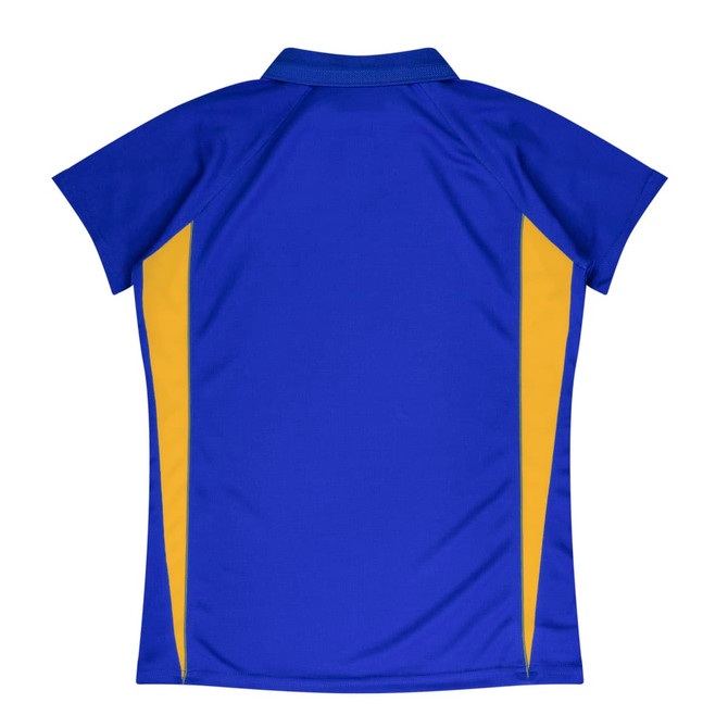 A blue polo shirt with yellow side panels, featuring a collar and a logo.