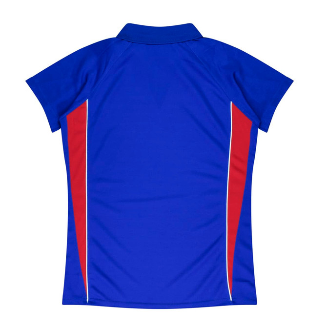 A blue polo shirt with red side stripes and a collar, featuring a logo.
