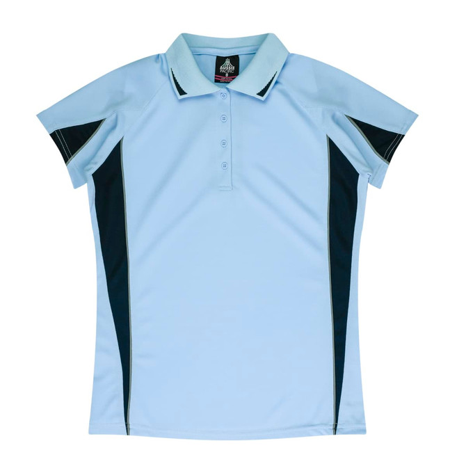 Light blue polo shirt featuring black side panels and a collar, with a logo on the upper back.