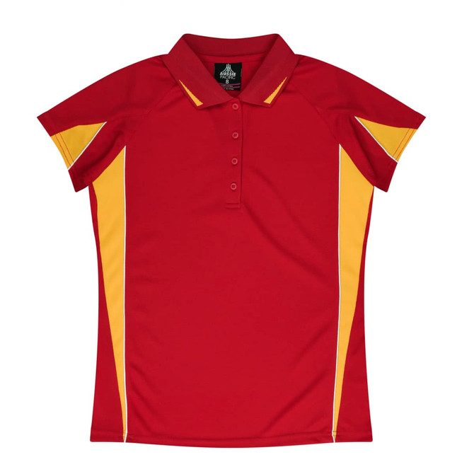 A red polo shirt with yellow accents and a logo, featuring a classic collar and button placket.