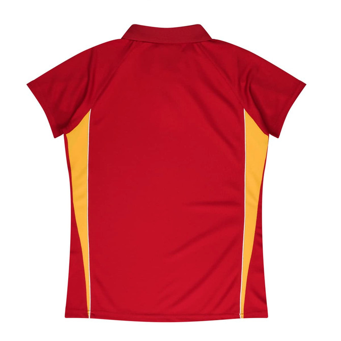 A red polo shirt featuring yellow accents on the sides and a collar. It has a logo present.
