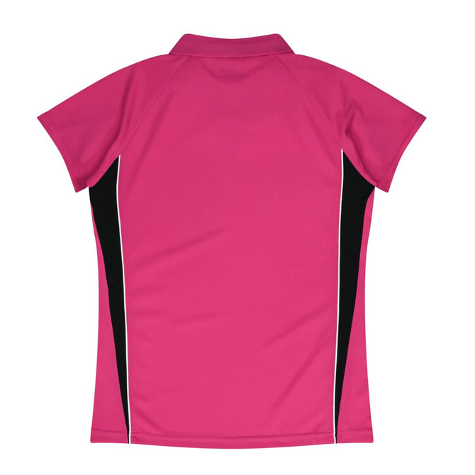 A pink polo shirt with short sleeves, featuring black side panels and white accent lines, displaying a logo.