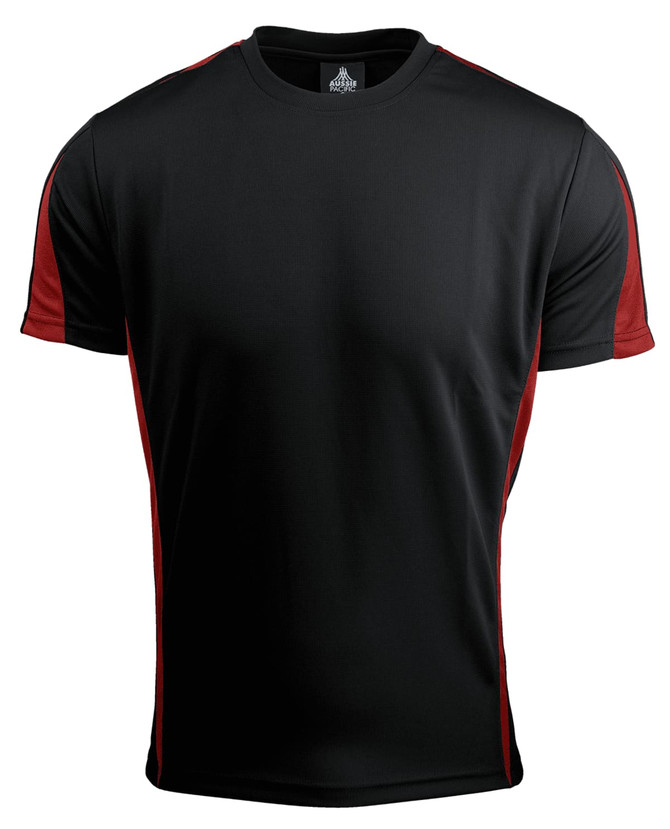 A black t-shirt with red accent panels on the sleeves. It features a logo on the collar.