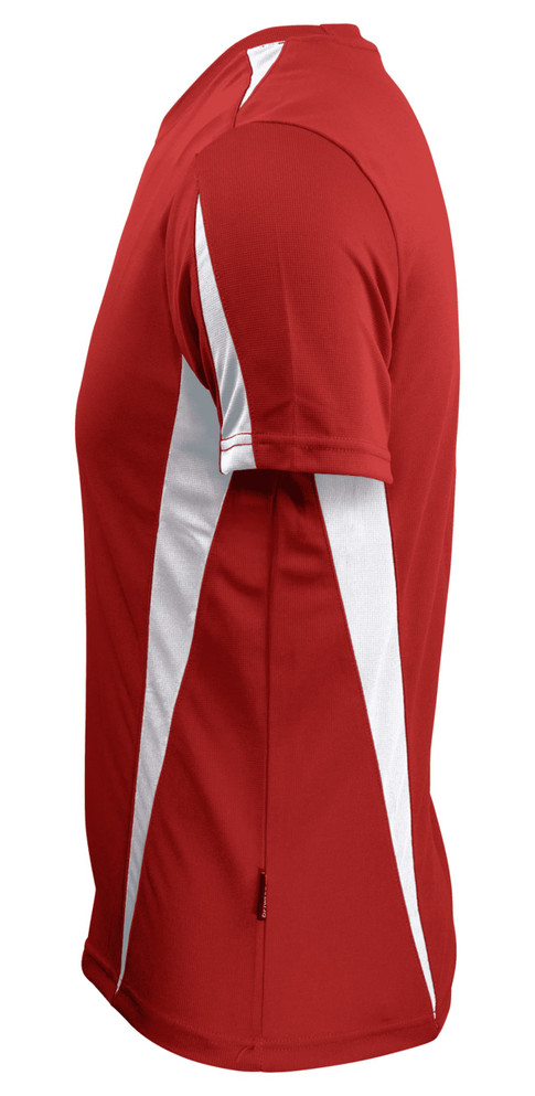 A red t-shirt with white panel accents, featuring a logo on the side.