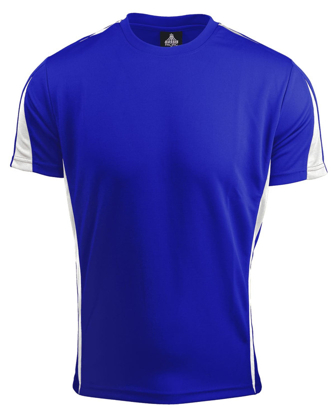 A blue T-shirt with white side panels and a logo on the collar. Suitable for casual wear.