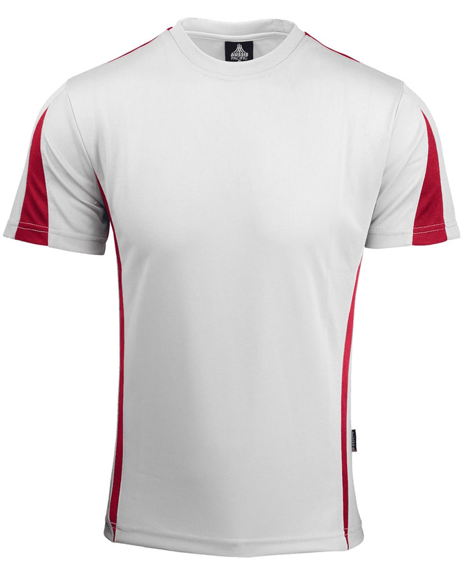 A short-sleeved men's T-shirt in white with red side panels, featuring a logo on the neckline.