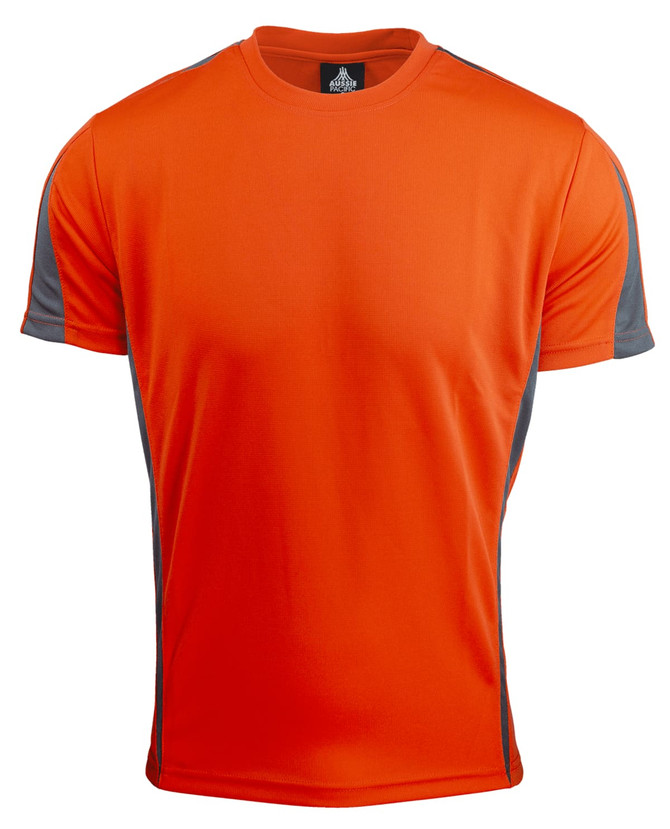 An orange T-shirt with grey accents on the shoulders, featuring a logo.