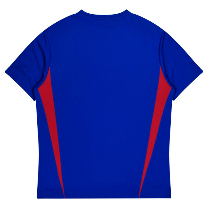 A blue men's t-shirt with red side accents and a logo. The back view is displayed.