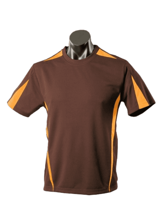 A brown T-shirt with orange accents, designed for men, displayed on a mannequin. It features a logo on the chest.