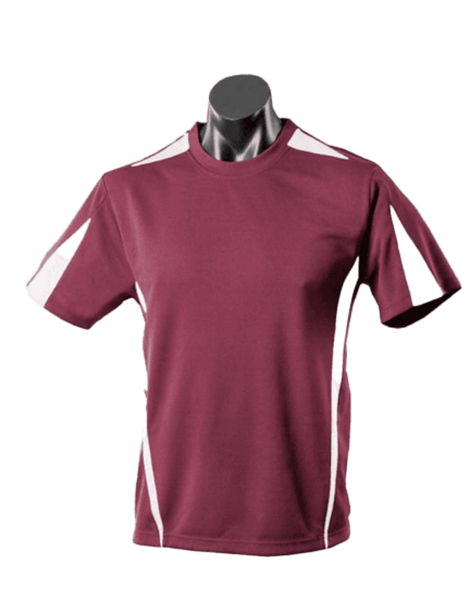 A maroon men's t-shirt featuring white accents and a branded logo, displayed on a mannequin.