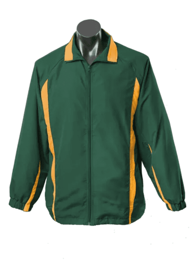 A green track jacket with yellow stripes, featuring a front zip and a collar. It has a logo on the chest area.