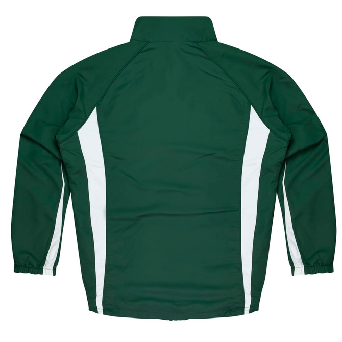 A green tracktop with white side stripes, featuring a high collar and elastic cuffs. The back view is shown.