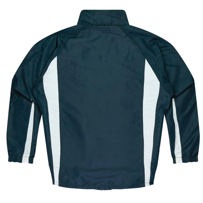 A dark green tracktop with white side panels, featuring a high collar and long sleeves.