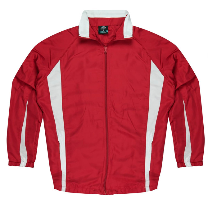 A red track jacket featuring white stripes and a front zipper. It has a collar and long sleeves.