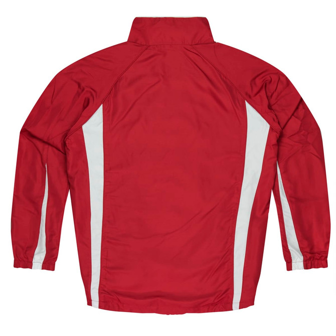 A red tracktop with white side stripes and a high collar, featuring a logo. Designed for kids.